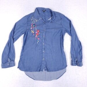Hannah Women's M Embroidered Chambray Button Up Shirt 100% Tencel Blue